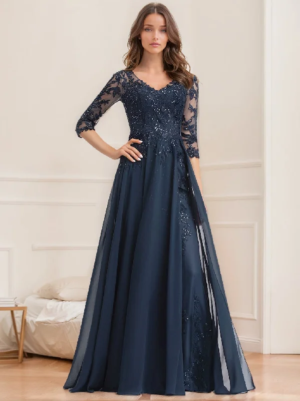 A-Line/Princess V-Neck Half Sleeves Floor-Length Mother of the Bride Dresses with Sequins Tunics Spring floral