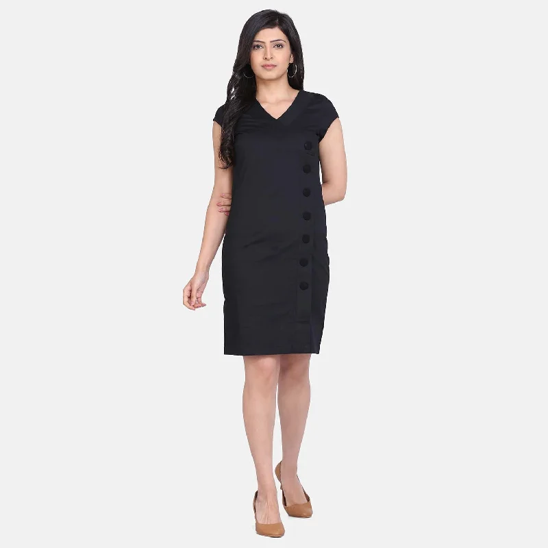 Black 100% Cotton V-Neck Sheath Dress Tunics Chic elegant