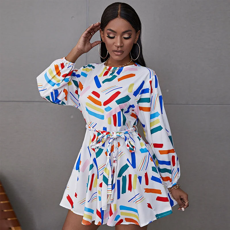 Color Block Printed Spring Autumn Mini A-Line Dresses Holiday Beach Lantern Sleeve Party Elegant Belt Fashion Vestidos Tunics Short Trendy