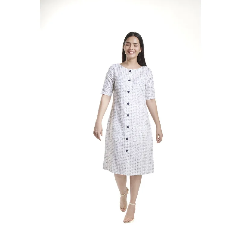 Comfortable Off white with blue print Cotton Linen Dress Tunics Fall fleece