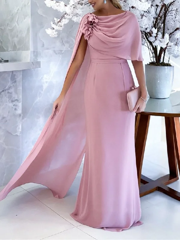 Sheath/Column Cowl Neck Sleeveless Floor-Length Mother of the Bride Dresses with Flower Tunics Stylish modern