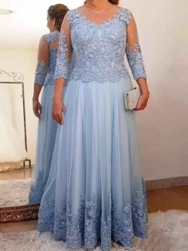 A-Line/Princess Sheer Neck 3/4 Length Sleeves Floor-Length Mother of the Bride Dresses with Applique Cowl Neckline Elegant