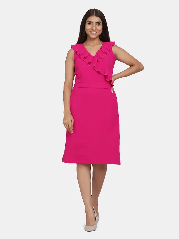 Ruffle Neckline Evening  Women's Formal Dress - Fuchsia Tunics Vintage classic