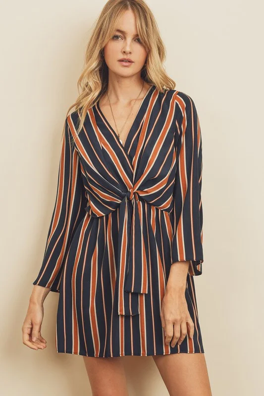 Stripe V-Neck Knotted Dress Tunics Mesh breathable