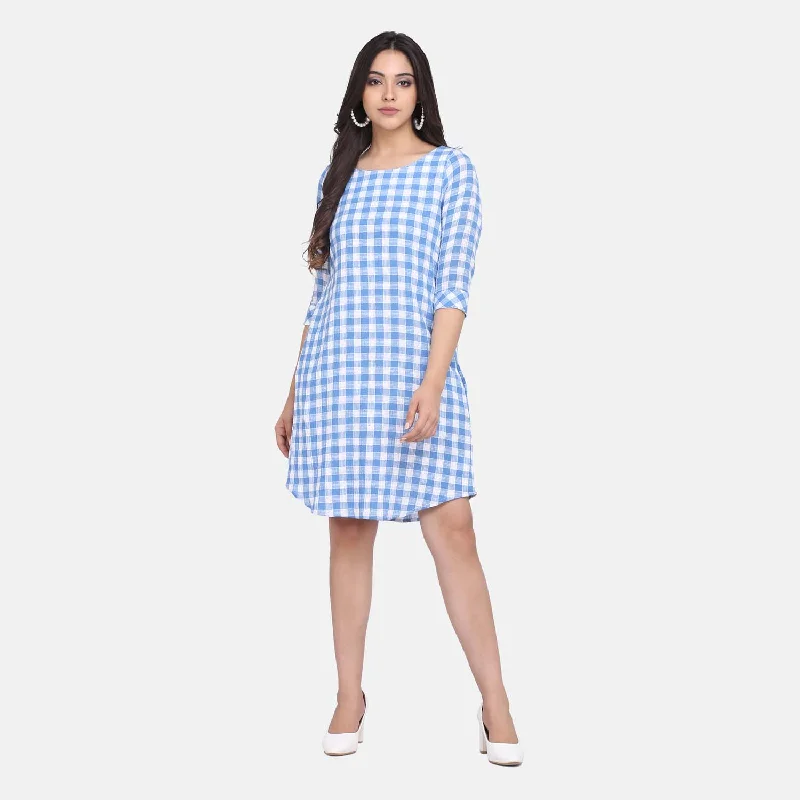 Blue and White Checkered Cotton Women's Work Dress Tunics Spring floral