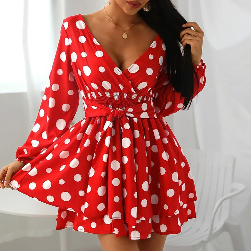 Autumn Winter New Waist-Tight V-Collar Polka Dot Elegant Mini  Style Dress Tunics Prom sequined