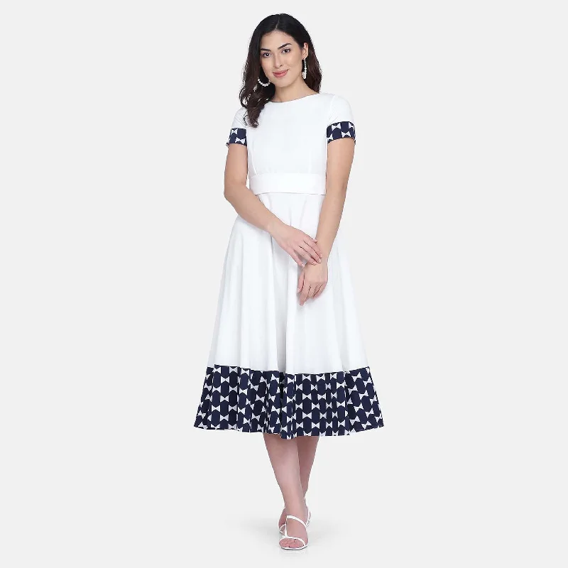 Ladies White Poly Crepe Short sleeves Fit n Flare Dress Tunics Modern contemporary