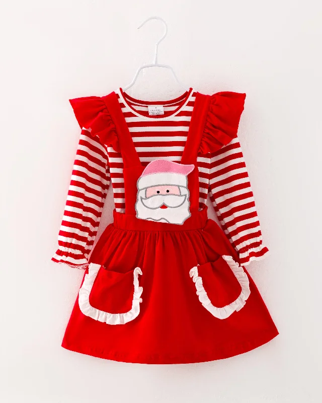 Christmas Red Stripe Santa Girl Dress Set Boat Neckline Classic