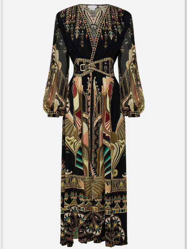 Ancient Egyptian Print Silk Dress with Belted Waistband Tunics Top rated