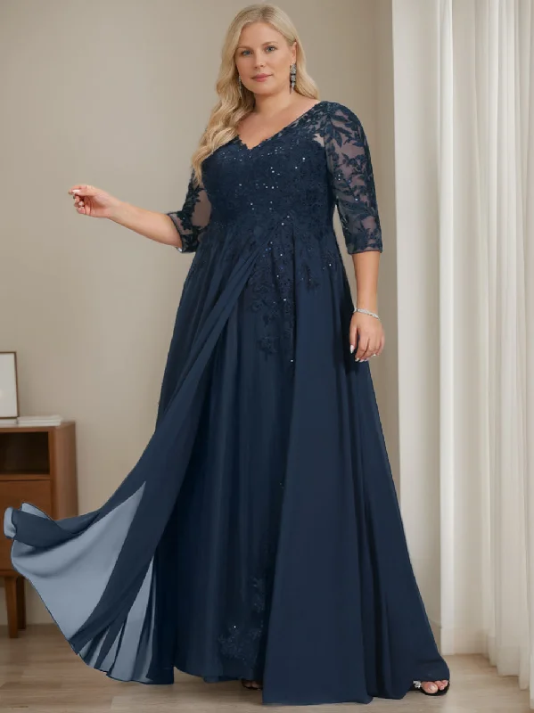 A-Line/Princess V-Neck Half Sleeves Floor-Length Plus Size Mother of the Bride Dresses with Sequins sweetheart Neckline Romantic