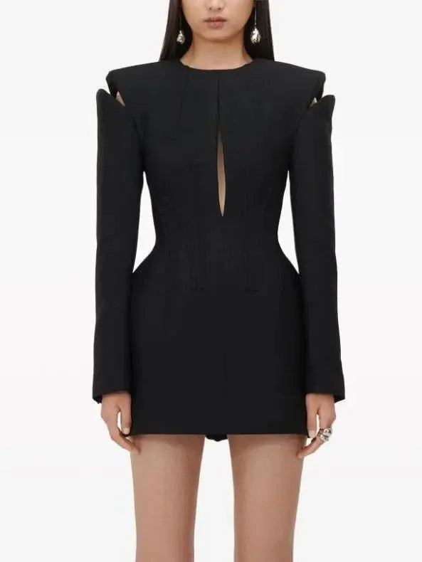 Black Cut-Out Dress with Contrasting Whipstitch Detailing A-Line Day Work