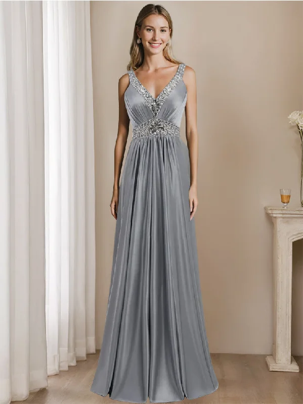 A-Line/Princess V-Neck Floor-Length Sleeveless Mother of the Bride Dresses With Rhinestone Tunics Print Colorful