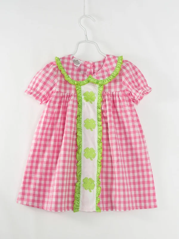 St. Patrick's Day Pink Plaid Clover Ruffle Girl Dress Tunics Summer linen