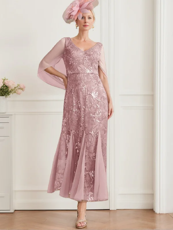 A-Line/Princess V-Neck Half Sleeves Ankle-Length Mother of the Bride Dresses with Solid Color & Lace Tunics Office stylish