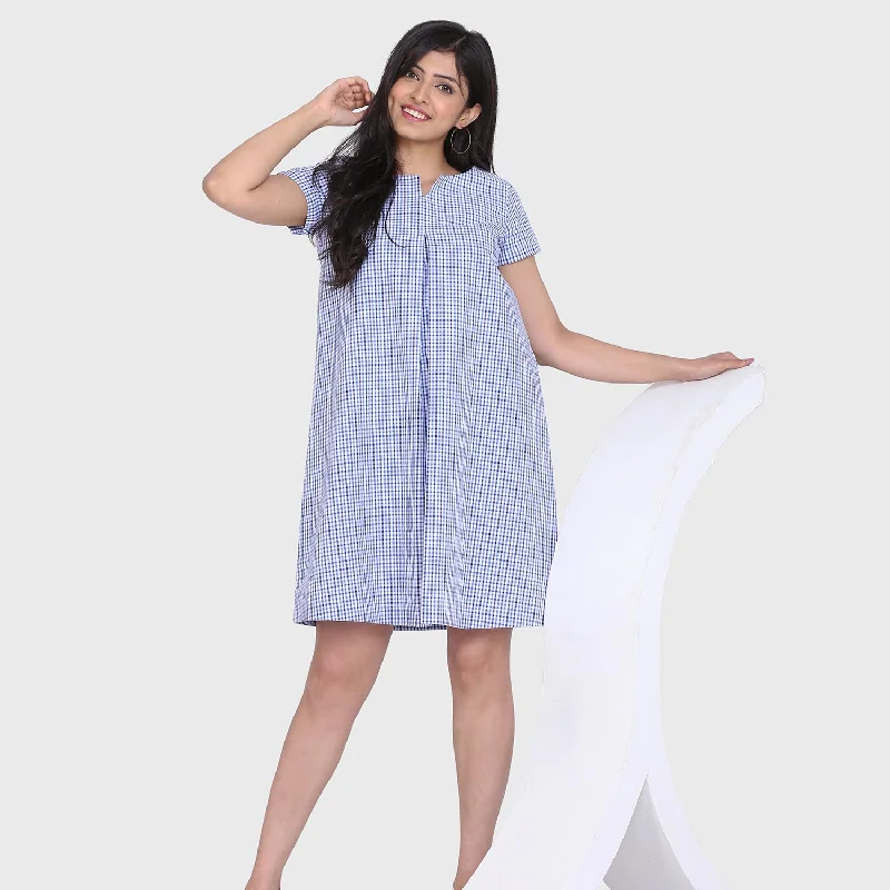 Sky Blue Gingham Cotton Short Sleeves Dress Tunics Favorite customer