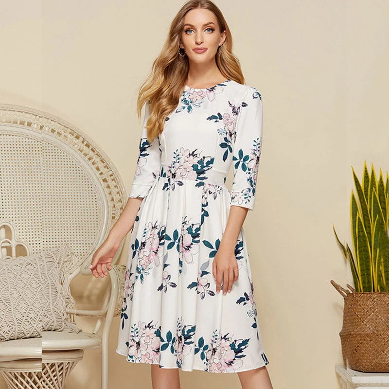 2021  Spring and Summer New Women Dress Elegant Floral round Neck A- line Skirt Tunics Luxurious premium