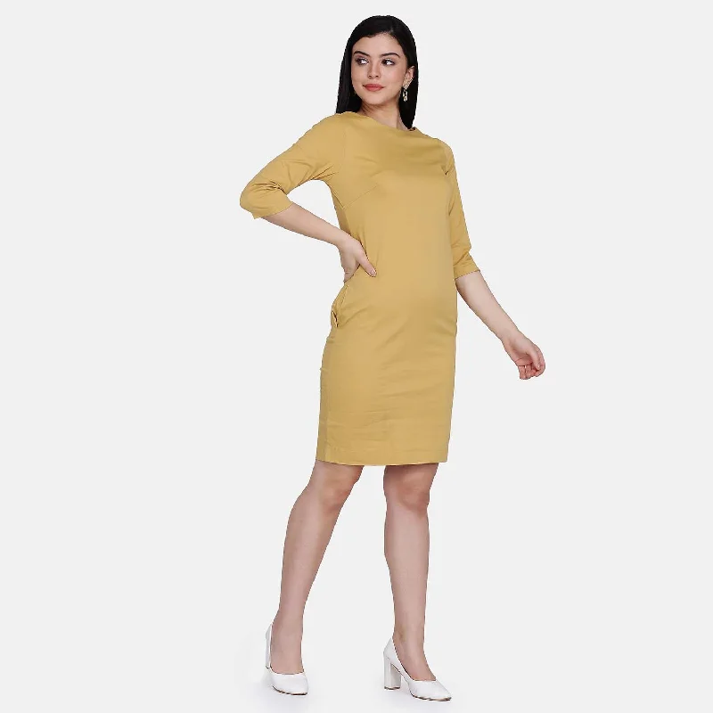 Mustard Yellow Cotton Poplin Ladies Work Sheath Dress Tunics Long Elegant