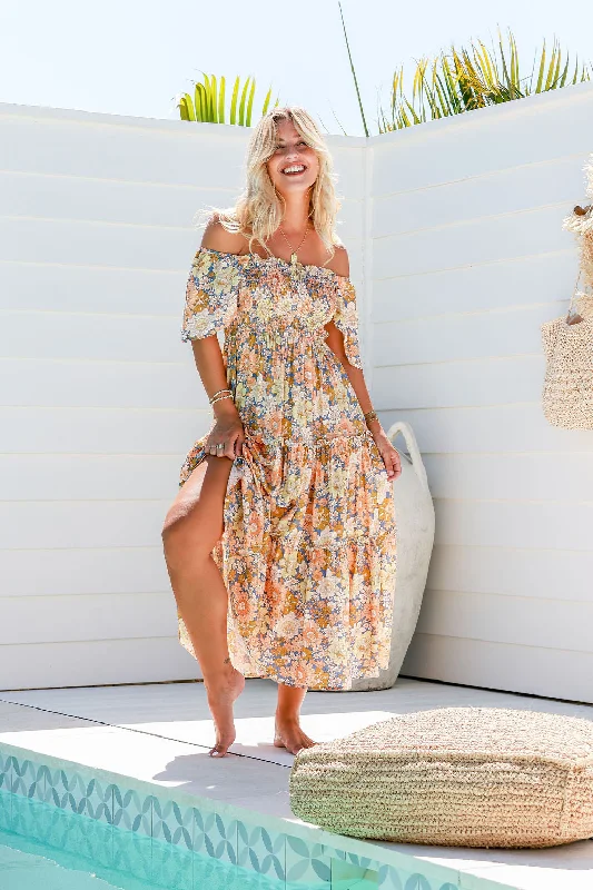 Santorini Dress Floral Peach Crew Neckline Casual