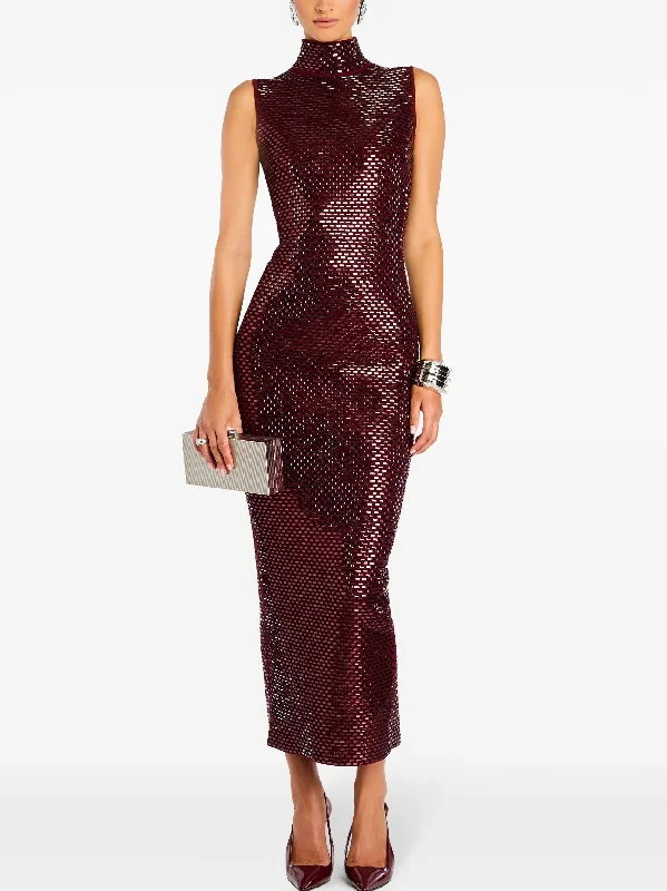 Embellished Mock-Neck Sheath Dress in Claret Red Tunics Review highly