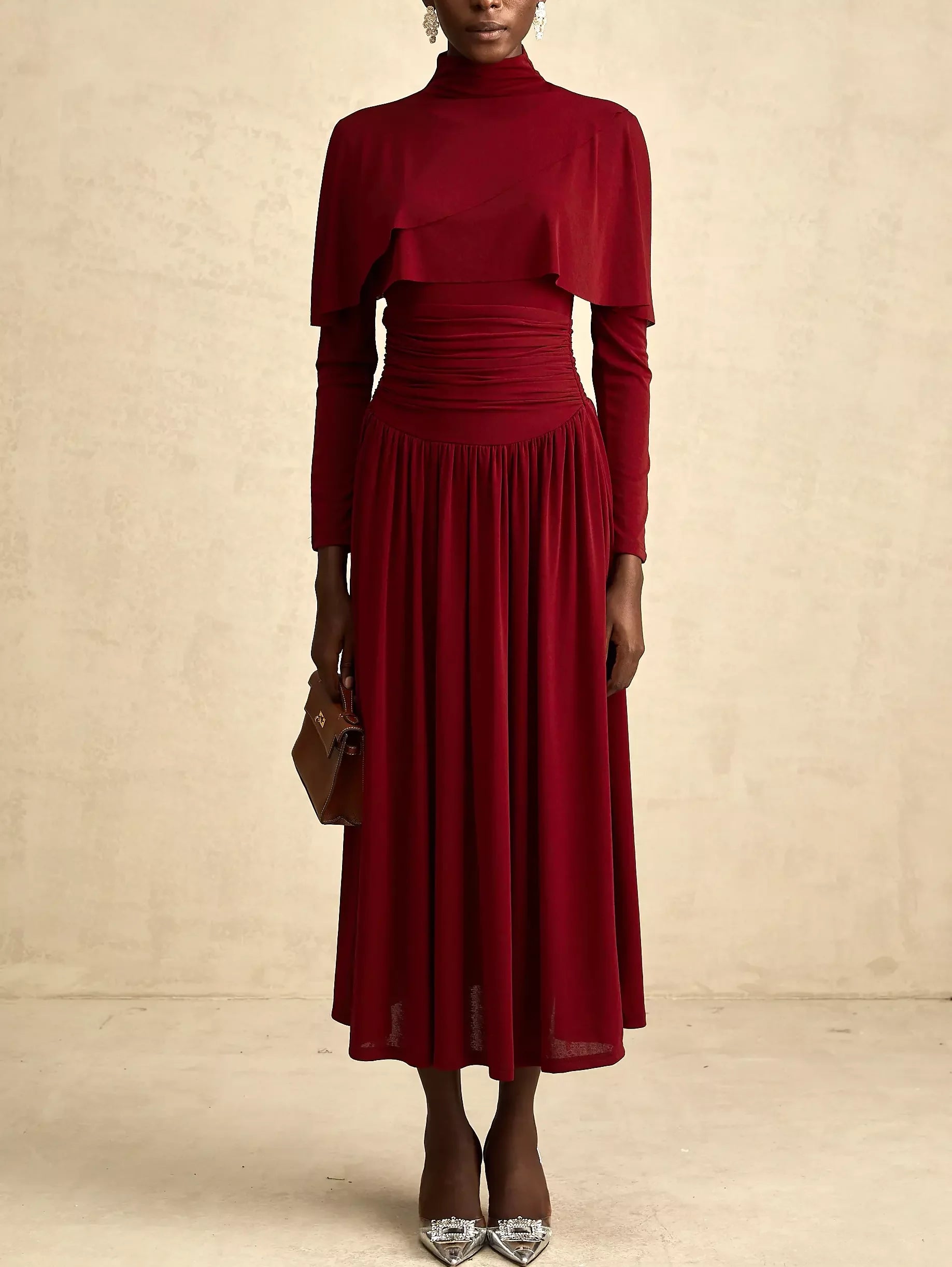 Draped Mock-Neck Ruched Pleated Dress in Dark Red Tunics Fall fleece