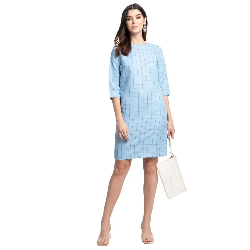 Sky Blue Windowpane Check Poly Cotton Sheath Dress Tunics Corduroy durable