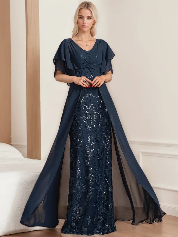 A-Line/Princess V-Neck Half Sleeves Floor-Length Plus SizeMother of the Bride Dresses with Pleated Tunics Business professional