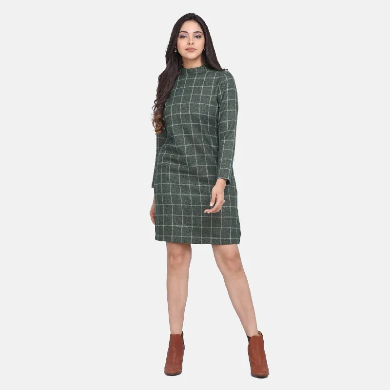 Plus Size Women Green Checkered Wool Dress Tunics Distressed trendy