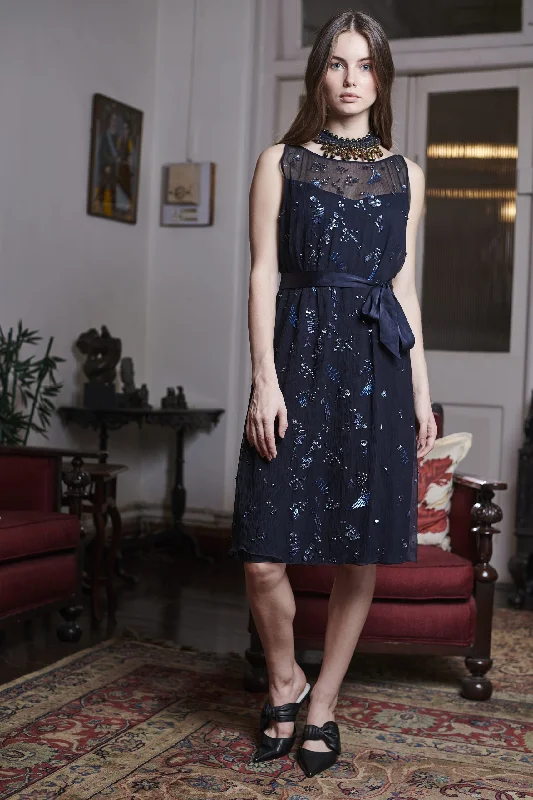 Women's Georgette Round Neck Navy Blue Embroidered Dress Tunics Short Trendy