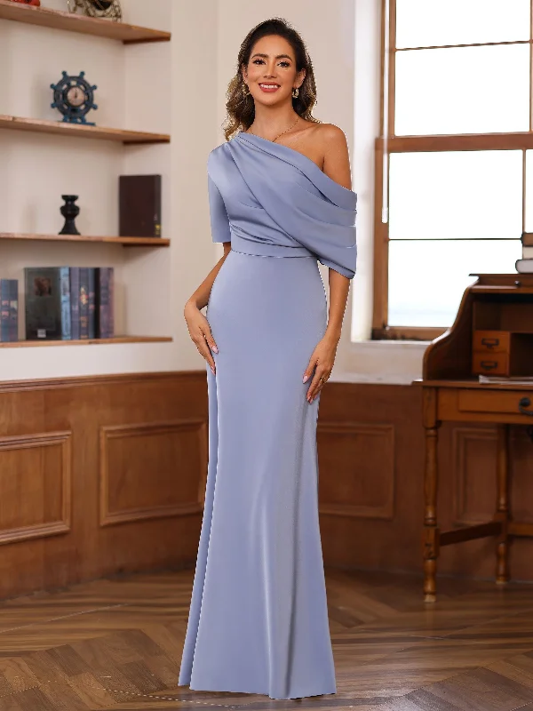 Sheath/Column One-Shoulder Half Sleeves Floor-Length Silk Satin Mother of the Bride Dresses with Ruffles Tunics Silk luxurious