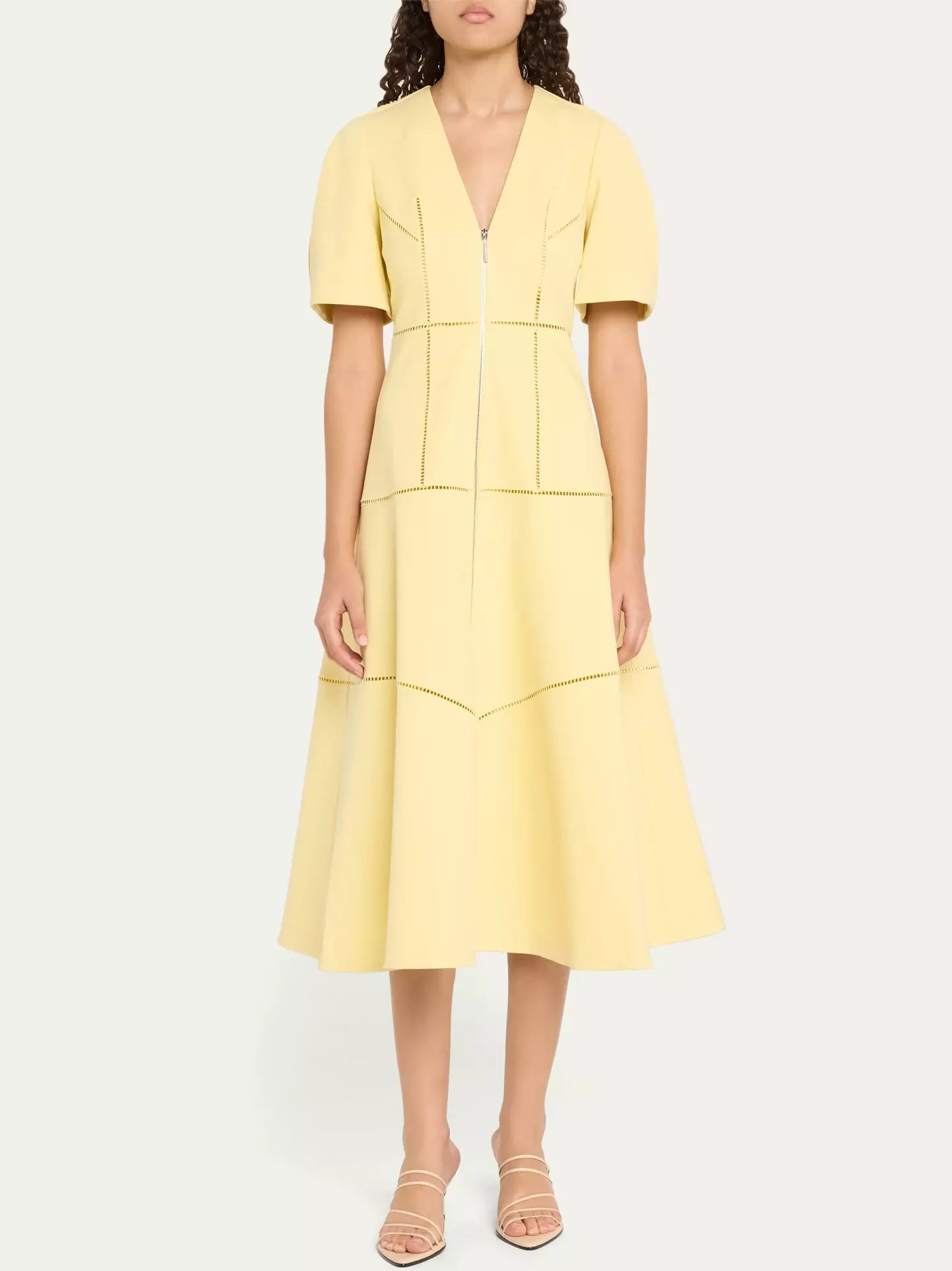 A-Line Cut-Out Front-Zip V-Neck Dress in Yellow Tunics Business professional