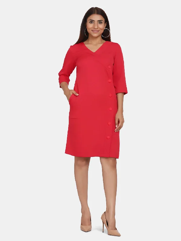 Business Formal V-Neck Sheath Dress - Red Tunics Custom made