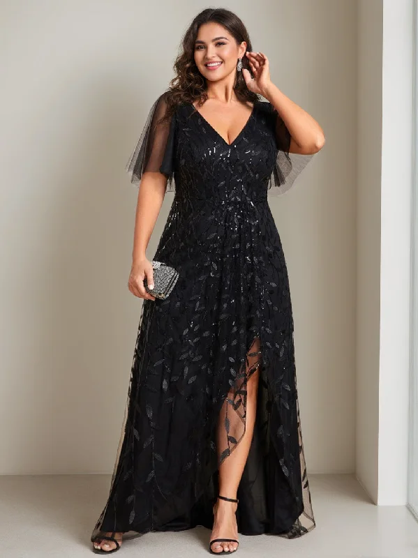 A-Line/Princess V-Neck Short Sleeves Asymmetrical Plus Size Mother Of The Bride Dresses with Sequins Off-the-shoulder Chic Trendy