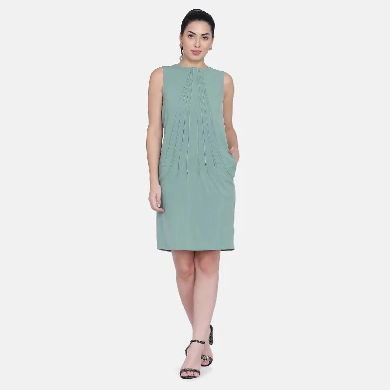 Ladies Meadow Green Pintucks Sleeveless Shift Dress Tunics Exclusive limited