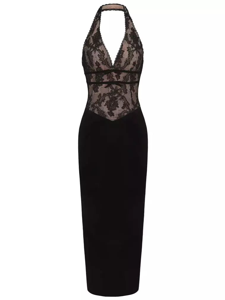 Black Halter-Neck Velvet and Lace Detailed Dress Square Neckline Feminine