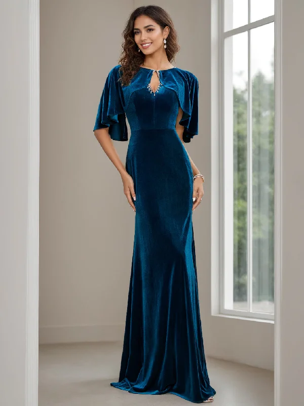 Sheath/Column Scoop Neck Half Sleeves Floor-Length Velvet Mother of the Bride Dresses with Beading, Appliques & Sequins Shift Classic Vintage