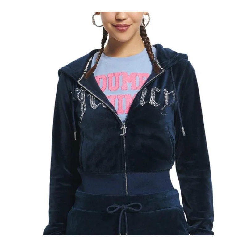 JUICY COUTURE Women's Classic Juicy Hoodie XS Blue Regal Front Bling Zip Hooded Sweatshirt Casual Wear Street Style