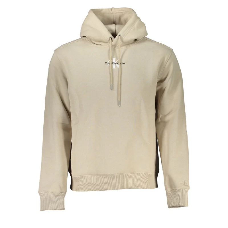 Beige Fleece Hooded Sweatshirt With Logo Embroidery Hoodie with Drawcord Adjustable Secure