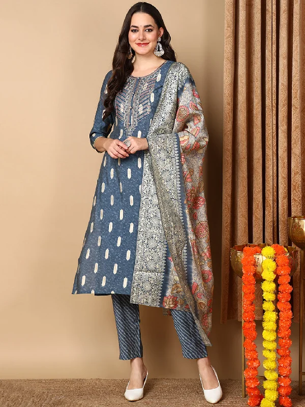 Blue Silk Blend Ethnic Motifs Embroidered Straight Kurta Trouser With Dupatta Trousers Silk Elegant