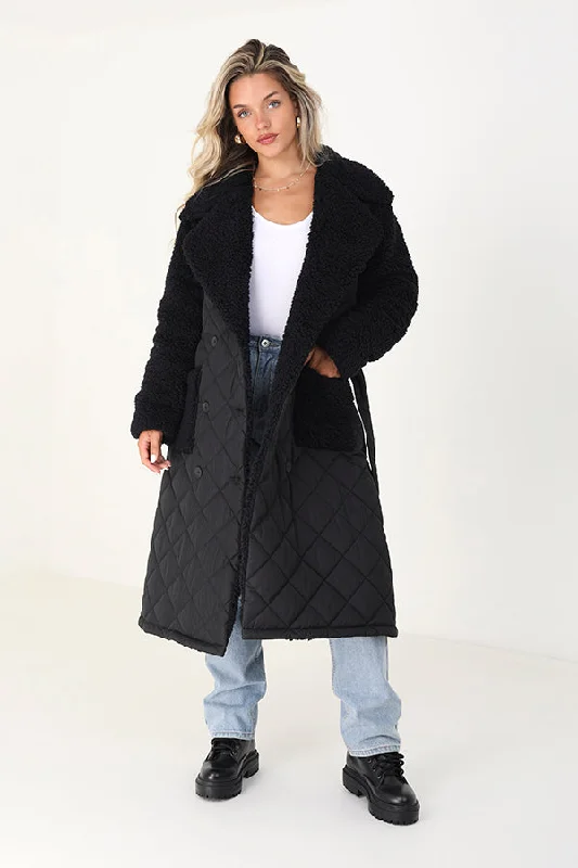 MAXI DIAMOND QUILTED COAT WITH BORG COLLAR AND SLEEVES Bodycon Sheath Shift