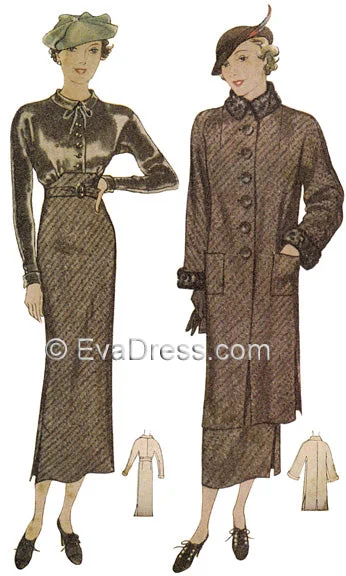 E-PATTERN 1934 Coat & Dress E8037 Jersey Tulle Batik