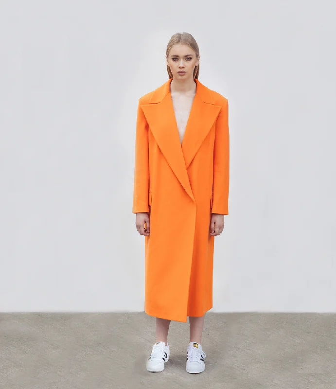 Tailored Orange Coat Asymmetrical Collar Hooded Zippered