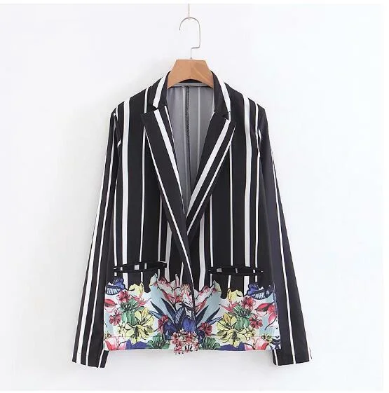 Retro Colored Flower Print Black White Striped Blazer Woman Notched Collar Open Stitching Slim Suit Casual Jacket Coat Outerwear Women's Denim Suit