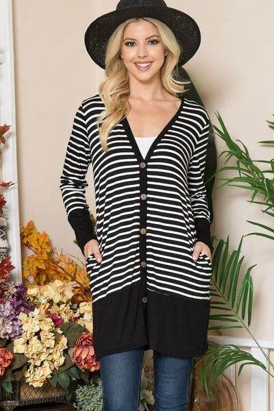 Celeste Striped Button Up Long Sleeve Cardigan Plus Size Satin Fabric Silk Fabric Chiffon Fabric