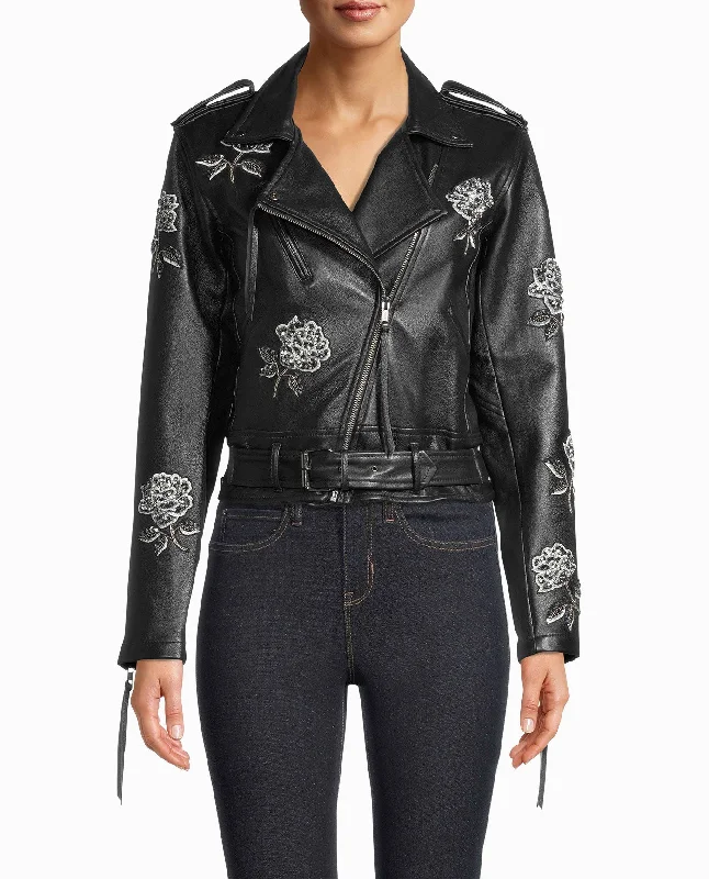 Nicole Miller Embellished Rose Moto Jacket Embroidered Jacket Appliqued Jacket Beaded Jacket