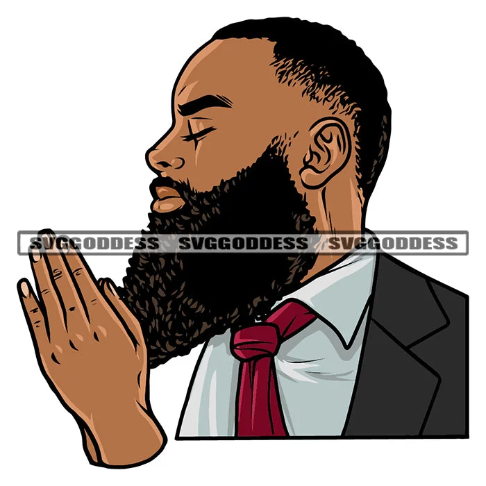 Hard Praying African American Man Close Eyes Business Man Close Wearing Coat Vector White Background Long Bard Stylish SVG JPG PNG Vector Clipart Cricut Silhouette Cut Cutting Faux Fur Real Fur Shearling