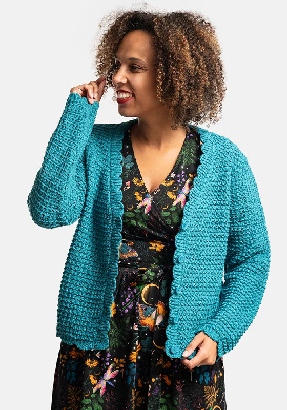 Teal Long Sleeve Scallop Cardigan Jersey Fabric Tulle Fabric Batik Fabric