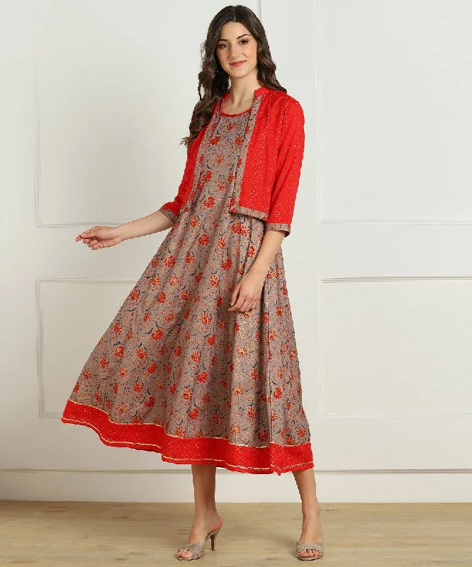 Floral Print Anarkali Kurta with Jacket - Grey/Red Wool Fabric Cashmere Fabric Tweed Fabric