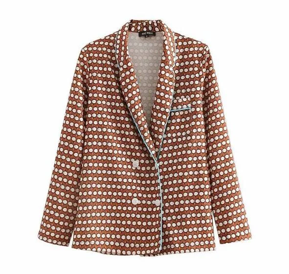 Retro Spliced blue edge Polka Dot Print Blazer Brown Woman Lapel Single Pocket Double Breasted Suit Casual Jacket Coat Outerwear Women's Trench Blazer