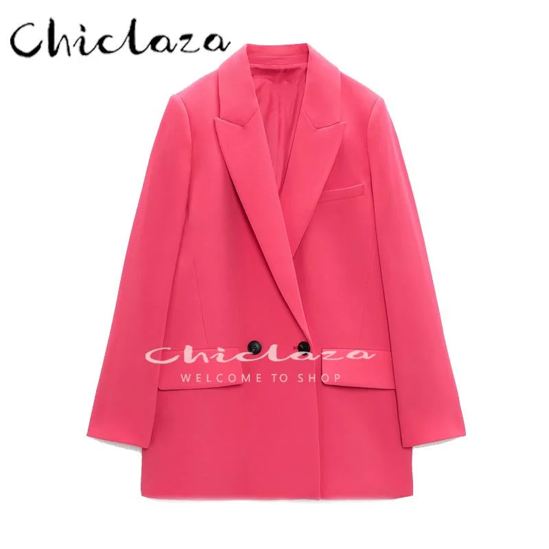 CHICLAZA 2023 Spring Autumn Woman Long Sleeve Blazer Coat Female Casual Solid Double Breasted Pocket Outerwear Women's High-End Blazer