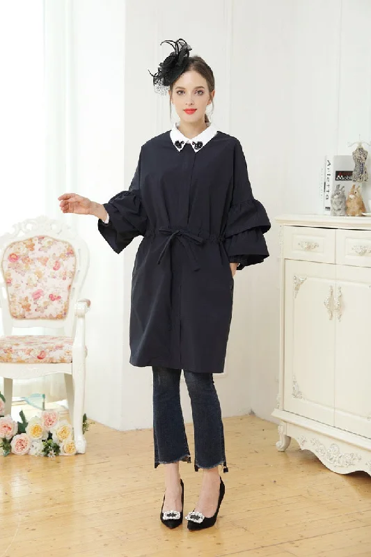 Ruffle Sleeve Coat Tie-Waist Belted Drawstring